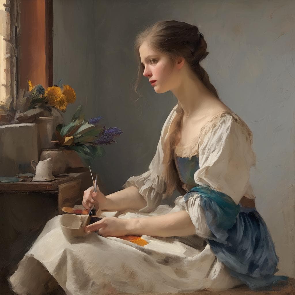 Πορτρέτο γυναίκας καλλιτέχνη σε στούντιο, δημιουργία και επιρροή στην τέχνη, ρεαλιστικό έργο τέχνης, ζωγράφισμα με πινέλο και πηλό.