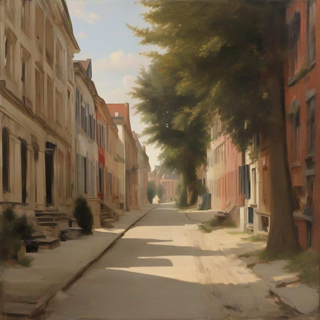 καλλιτέχνες και η επίδραση τους στην τέχνη, καλλιτεχνική δημιουργία σε αστική ατμόσφαιρα, ζωγραφική τοπίων και αρχιτεκτονικής, τέχνη και πολιτισμός, εικόνα ενός ήσυχου δρόμου.