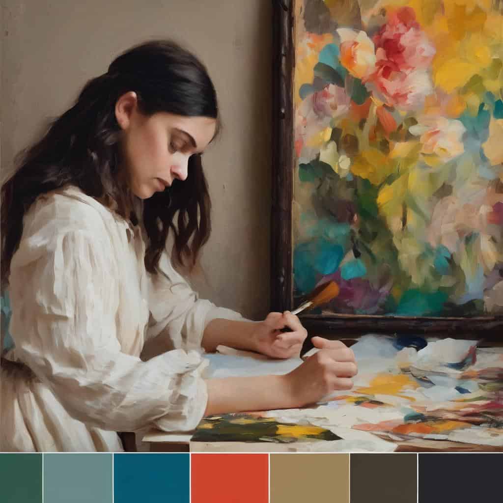 Ανθρώπινη καλλιτέχνιδα ζωγραφίζει πίνακα με πολύχρωμα λουλούδια, επηρεάζεται από την τέχνη και τους καλλιτέχνες.