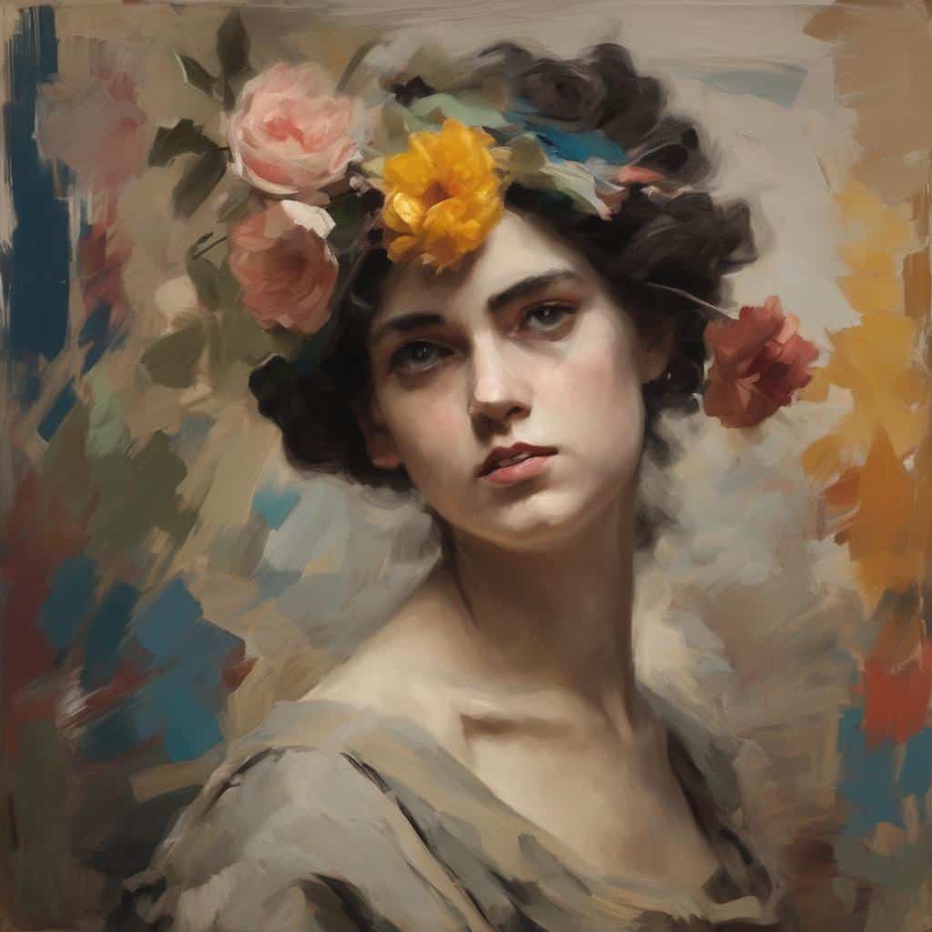 AET_Φωτογραφία γυναίκας με λουλούδια στα μαλλιά, τέχνη και καλλιτέχνες στην ιστορία της τέχνης.