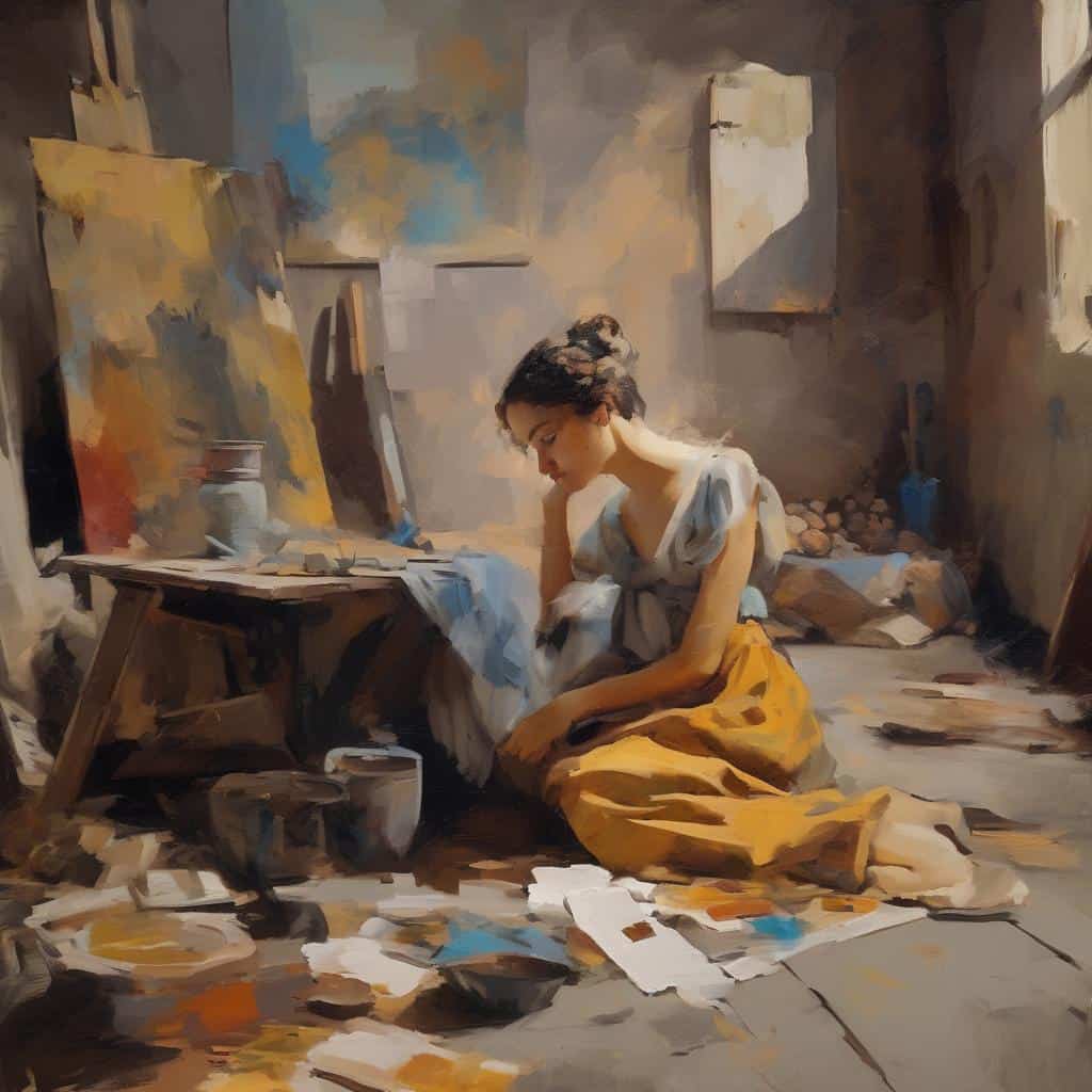 Καλλιτέχνες και η επίδρασή τους στην τέχνη, νεαρή γυναίκα δημιουργός σε καλλιτεχνικό στούντιο, πίνακας με ελαιογραφία, έμπνευση και καλλιτεχνική έκφραση.