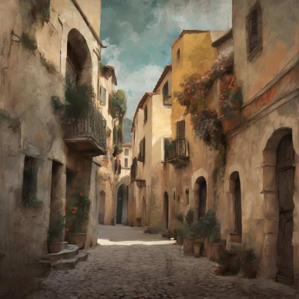Ζεστή εσωτερική ατμόσφαιρα σε γραφική μεσογειακή ακατοίκητη γειτονιά με παλιά κτίρια, πλακόστρωτο δρομάκι και ανθισμένα φυτά.
