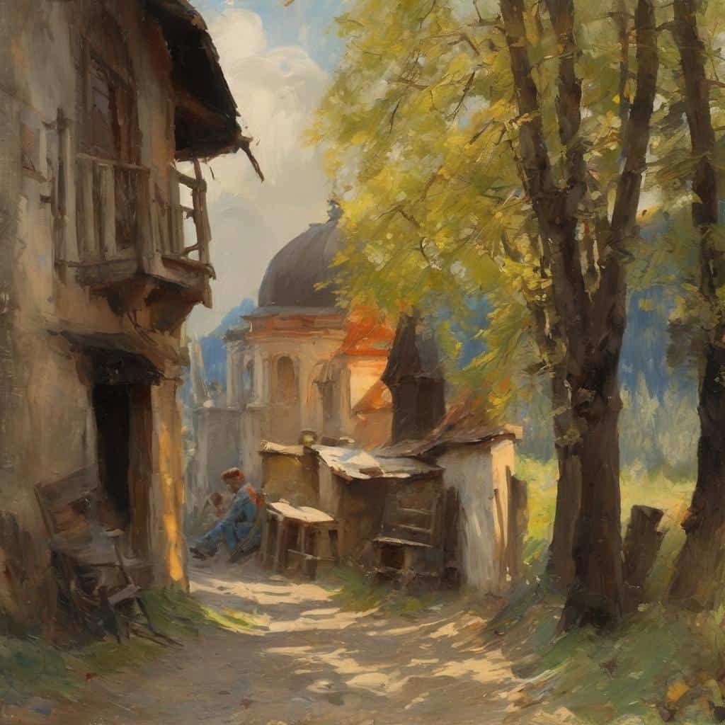 Παραδοσιακός δρόμος με παλιά κατοικία και εκκλησία, εμπνευσμένο από καλλιτέχνες και την τέχνη τους.